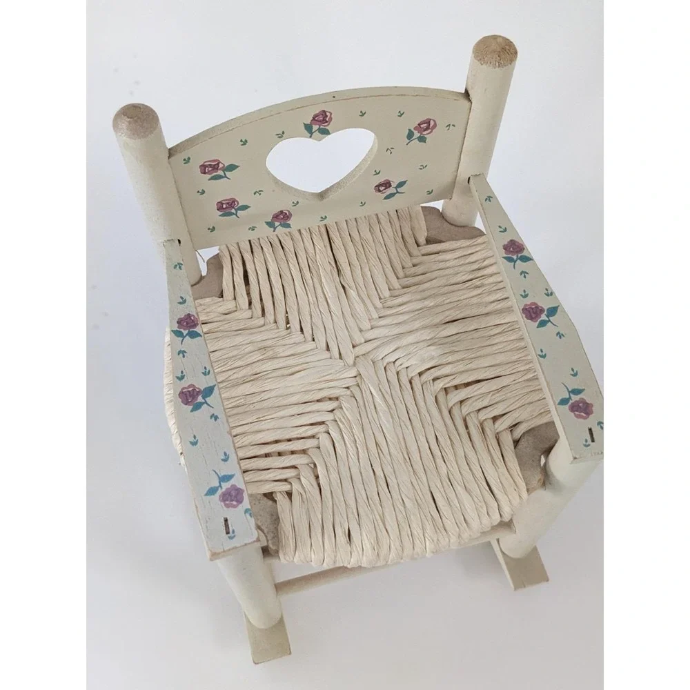 Vintage Miniature Wooden Rocking Chair Heart Cutout Rose Floral Woven Seat 8